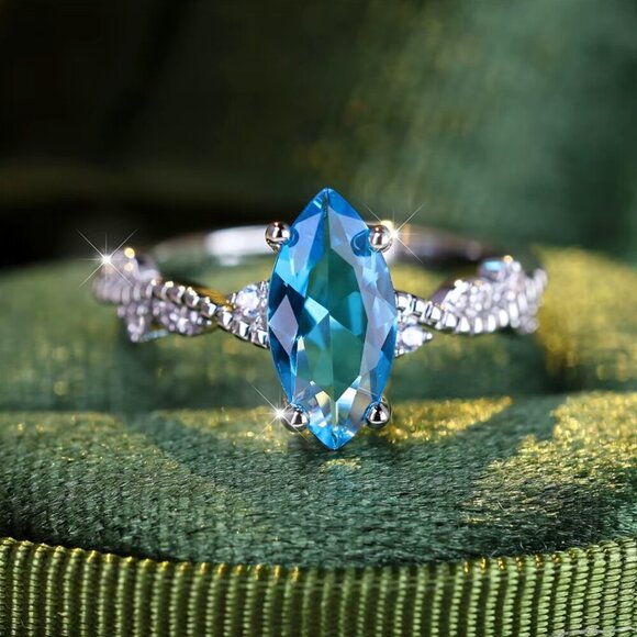 NEW 18k White Gold Blue Sapphire Diamond Ring Marquise Cut Ring - Picture 3 of 7